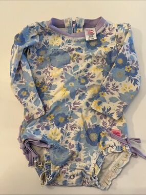 Floral Long Sleeve Baby Swimsuit - Blue, Yellow, Lavender
